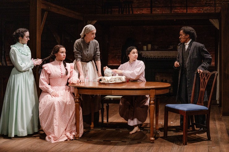 Kate Hamill, Carmen Zilles, Ellen Harvey, Paola Sanchez Abreu, and Kristolyn Lloyd in Primary Stages' production of Kate Hamill's LITTLE WOMEN - Photo by James Leynse (1)